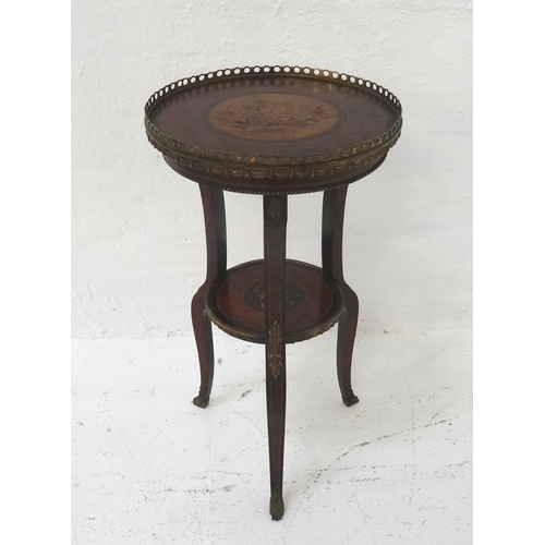 487 - CONTINENTAL BURR WALNUT AND MARQUETRY OCCASIONAL TABLE
the circular top with a raised pierced gilt m... 