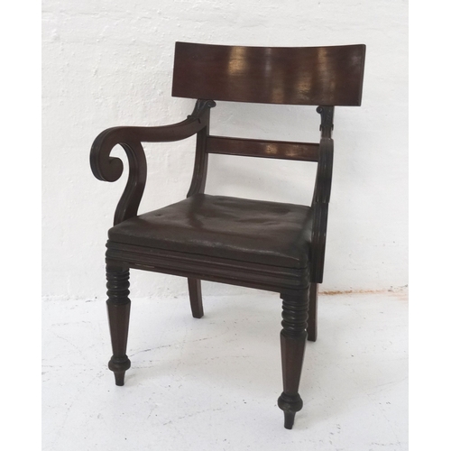 495 - WILLIAM IV MAHOGANY ARMCHAIR
with a shaped top rail above reeded arms with a stuffover leatherette s... 