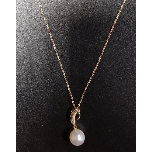 129 - PEARL AND DIAMOND PENDANT
the pearl drop suspended from diamond set shaped setting, in nine carat go... 