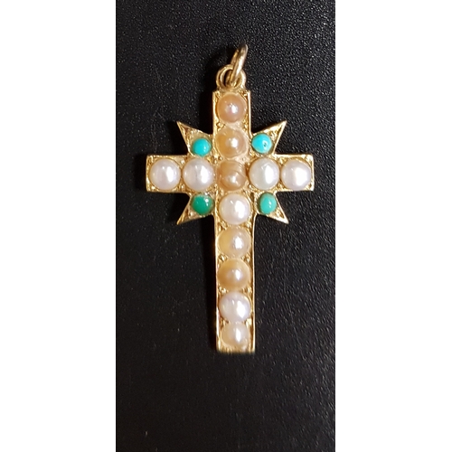 154 - TURQUOISE AND SEED PEARL CROSS PENDANT
in unmarked gold, 3.4cm high (including suspension loop)