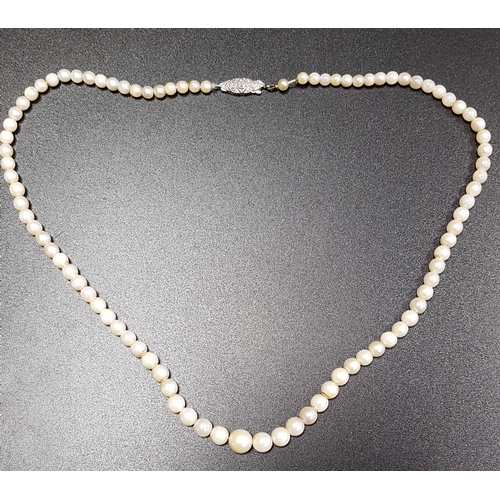 188 - GRADUATED CULTURED PEARL NECKLACE
with diamond set unmarked gold clasp, 41cm long