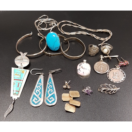 203 - SELECTION OF SILVER JEWELLERY
including a turquoise set pendant and ring, other pendants, earrings, ... 