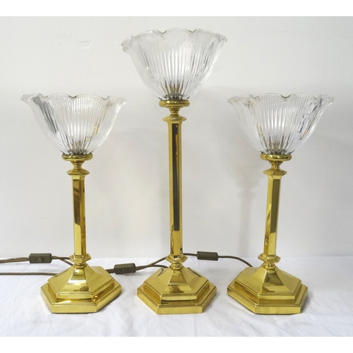 519 - PAIR OF BRASS TABLE LAMP UPLIGHTERS
raised on a hexagonal base and column to an inverted shaped and ... 