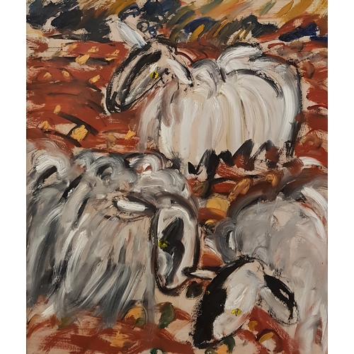 440 - SYLVIA WOODCOCK CLARK
Sheep On The Brick, oil on board, label to verso, 88cm x 75cm