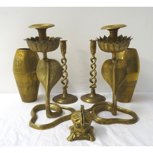 368 - MIXED LOT OF BRASS WARE
including a pair of Cobra candlesticks, pair of barley twist candlesticks, p... 