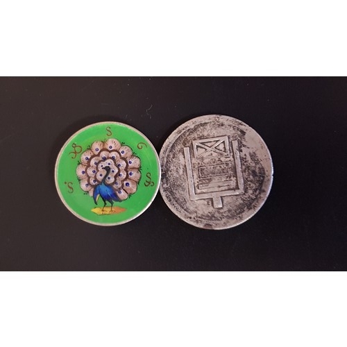 419 - ENAMEL DECORATED BURMESE MINDON MIN 1 KYAT COIN
with enamelled peacock decoration and with brooch at... 