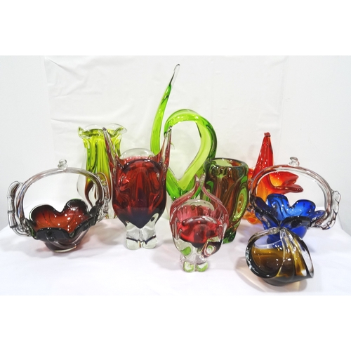 287 - SELECTION OF COLOURED GLASS VASES AND BASKETS
of colours and design (9)