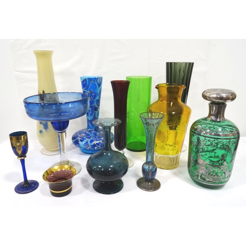 291 - SELECTION OF COLOURED GLASSWARE
including an Edwardian etched wine decanter, a ruby glass spill vase... 