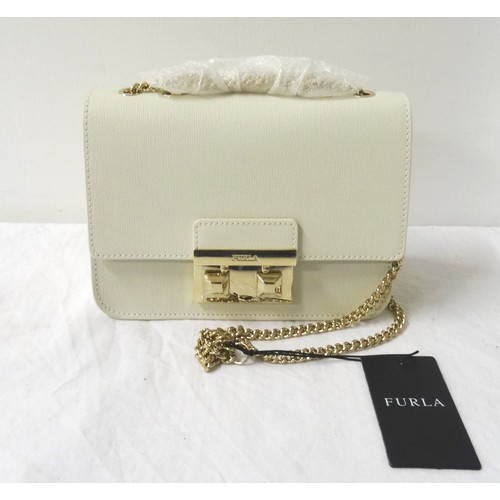 393 - NEW AND UNUSED FURLA WHITE LEATHER BELLA MINI CROSS BODY HANDBAG
with foldover click lock closure an... 