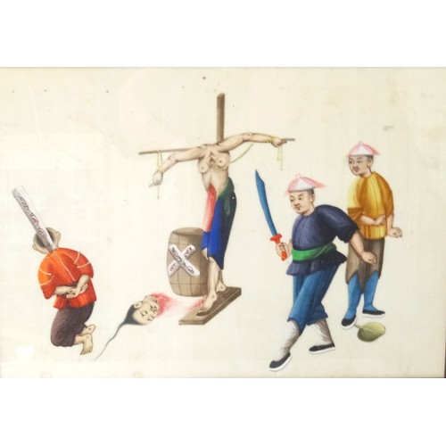 433 - SET OF FIVE 19TH CENTURY CHINESE PICTURES
depicting scenes of torture, watercolour and gouache on ri... 