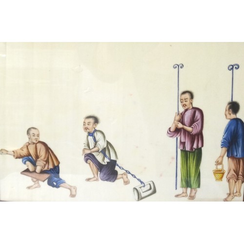 433 - SET OF FIVE 19TH CENTURY CHINESE PICTURES
depicting scenes of torture, watercolour and gouache on ri... 