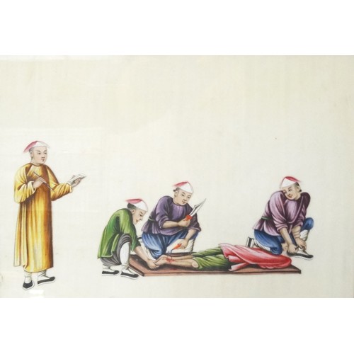 433 - SET OF FIVE 19TH CENTURY CHINESE PICTURES
depicting scenes of torture, watercolour and gouache on ri... 