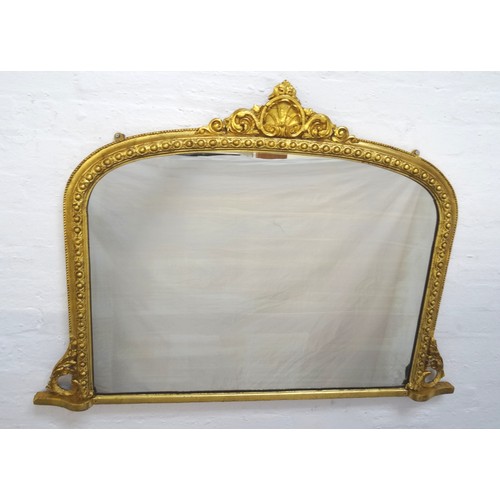 470 - 19TH CENTURY GILTWOOD OVERMANTLE MIRROR
with a carved shell and scroll pediment above a shaped plate... 