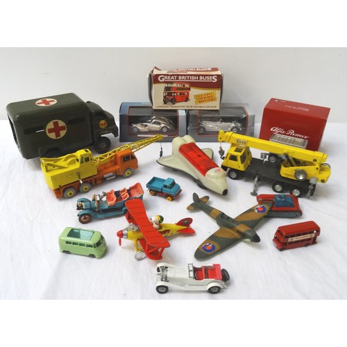 411 - SELECTION OF VINTAGE AND OTHER TOYS
including two Dinky MKII spitfires, A Lesley London bus, Broke B... 