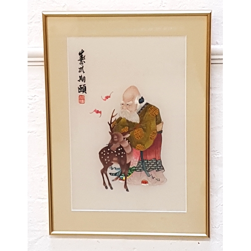 298 - CHINESE SILK EMBROIDERED PICTURE
depicting a wise man in traditional dress with a Chinese water deer... 