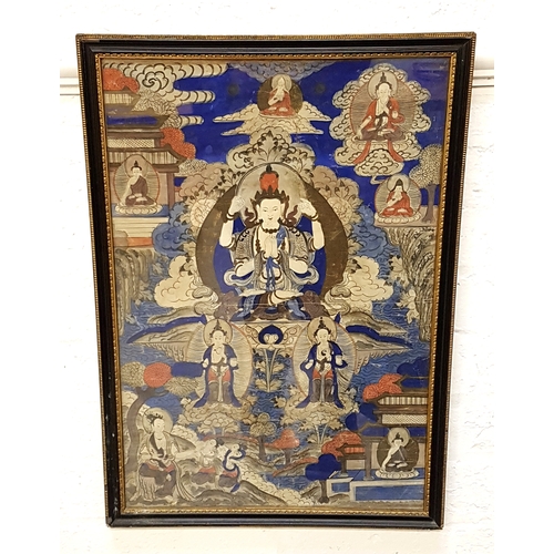 305 - TIBETAN WATERCOLOUR AND INK PANEL
the central figure of Avalokiteshvara surrounded by various figure... 