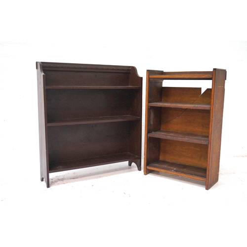 366 - STAINED PINE BOOKCASE
with a shaped raised back above three shelves, 84cm high; together with a stai... 