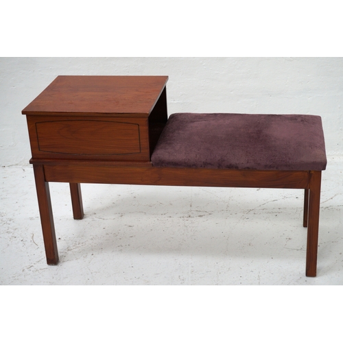 328 - TEAK TELEPHONE TABLE
the raised square top with a shelf below and padded seat, standing on plain sup... 