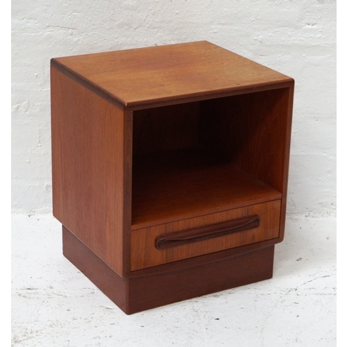 329 - G PLAN TEAK BEDSIDE CUPBOARD
with a square top above an open shelf with a drawer below, standing on ... 