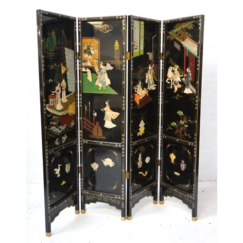 348 - CHINESE BLACK LACQUERED FOUR FOLD SCREEN
decorated with inlaid mother of pearl and hardstones with g... 