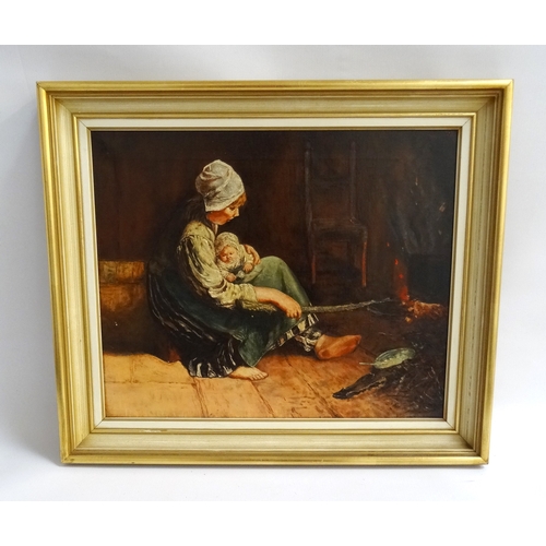 311 - CONTINENTAL SCHOOL
Young peasant girl with baby by the fire, oil on canvas, 35.5cm x 43.5cm