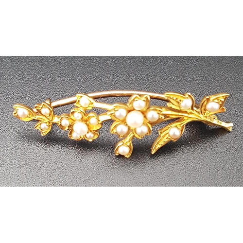 44 - SEED PEARL FLORAL SPRAY BROOCH
in unmarked high carat gold, approximately 3.9cm long