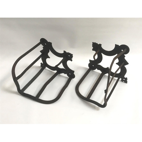 258 - PAIR OF VINTAGE METAL JOCKEY SADDLE RACKS
for wall mounting with bridle hooks, each marked 'Macfarla... 