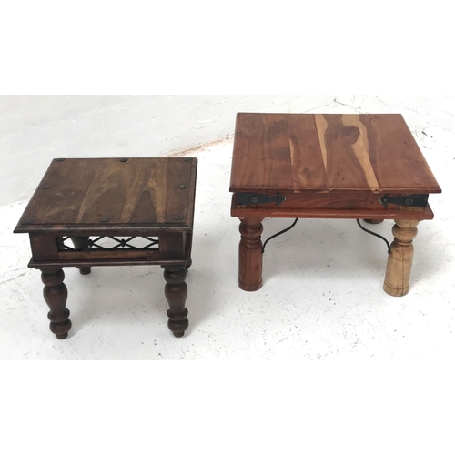 351 - TWO TEAK OCCASIONAL TABLES
with decorative ironwaork and raised on turned supports, 60cm x 60cm and ... 