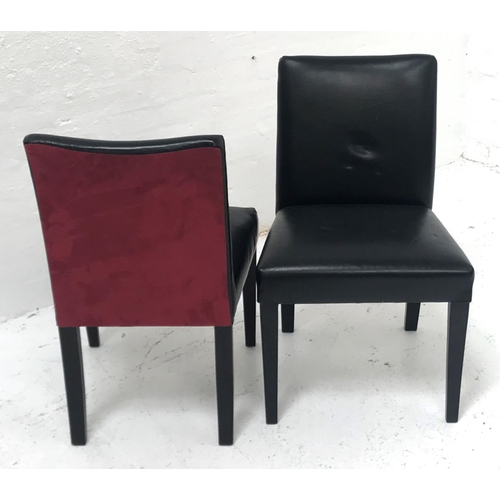 356 - SET OF SIX DINING CHAIRS
covered in black faux leather with faux raspberry suede backs, standing on ... 