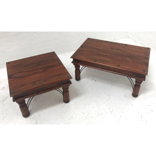 357 - TWO TEAK SQUARE OCCASIONAL TABLES
with decorative ironwork, standing on turned supports, 45.5cm x 45... 