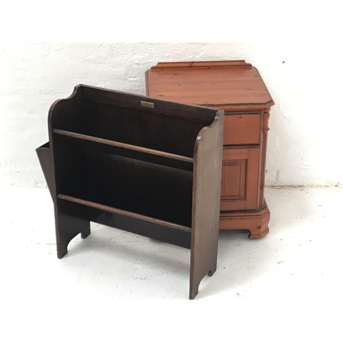 361 - STAINED PINE ECCLESIASTICAL STYLE BOOKCASE
with two sloping shelves and a side pocket, with a brass ... 