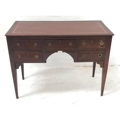 363 - MAHOGANY KNEEHOLE DESK
with an inset leather top above an arrangement of five drawers with circular ... 