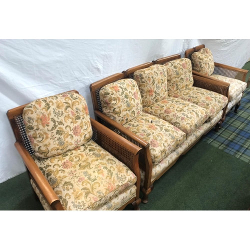 398 - WALNUT BEGERE SUITE
with a caned back and arms with loose seat and back cushions above a shaped frie... 