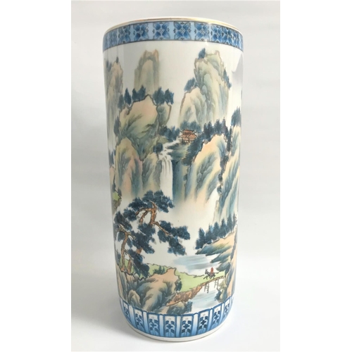 112 - CHINESE POTTERY STICK STAND
of cylindrical form decorated with a mountain scene, horse and rider and... 