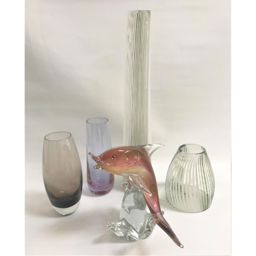 118 - SELECTION OF COLOURED GLASSWARE
including a dolphin, two shaped tapering vases, a tall shaped vase a... 