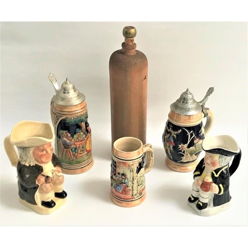 135 - THREE GERMAN BEER STEINS
all with raised decoration and two with metal flip covers; two Toby jugs; a... 