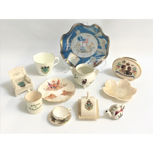 136 - SELECTION OF CRESTED AND COMMEMORATIVE WARES
including a Galashiels Model of Mary Queen of Scots Cha... 