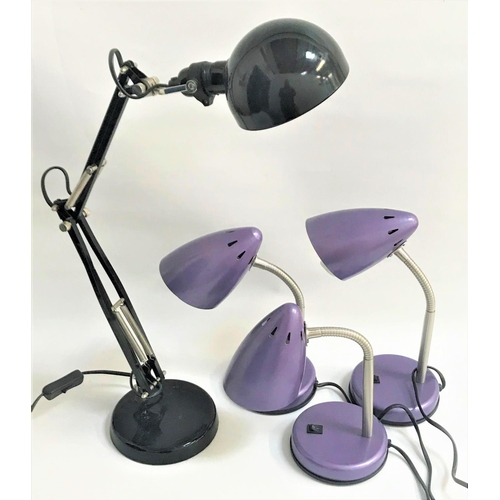 166 - SELECTION OF MODERN DESK LIGHTS
comprising a black angle poise and three smaller lamps in purple wit... 