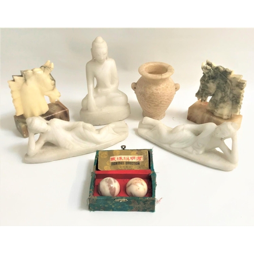 168 - SELECTION OF ALABASTER AND STONE ITEMS
comprising three Buddha figures in various repose, a pair of ... 