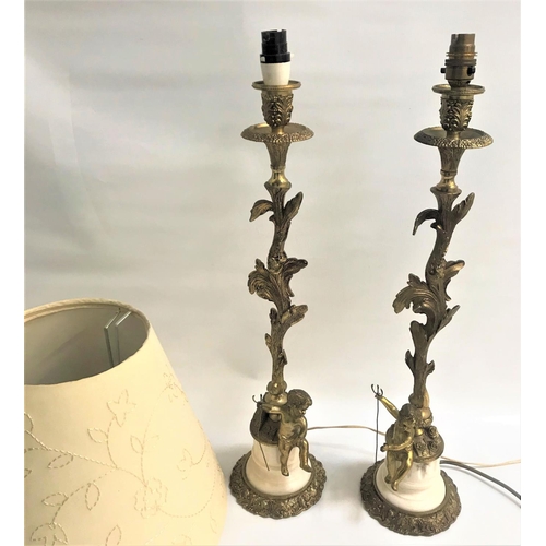 187 - PAIR OF ROCOCO STYLE GILT METAL AND ALABASTER TABLE LAMPS
the gilt foliate decorated columns with ch... 