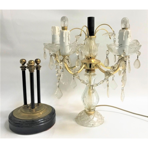 188 - GLASS TABLE TOP CHANDELIER
the five arms with drops and swags, 41cm high; together with a brass and ... 