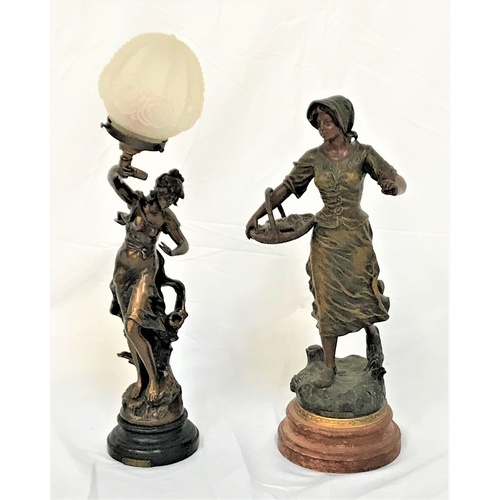 189 - FRENCH SPELTER FEMALE FIGURE
carrying a basket selling her wares, raised on a circular plinth, 56.5c... 