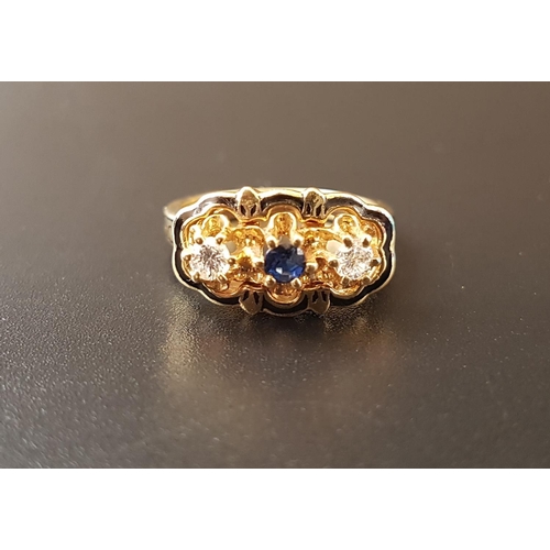 66 - UNUSUAL SAPPHIRE AND DIAMOND THREE STONE RING
the central sapphire flanked by round brilliant cut di... 