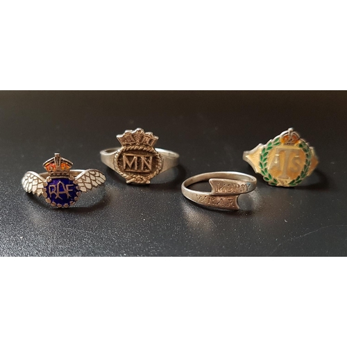 94 - FOUR SILVER SWEETHEART RINGS
comprising Royal Air Force, Auxiliary Territorial Service, Merchant Nav... 