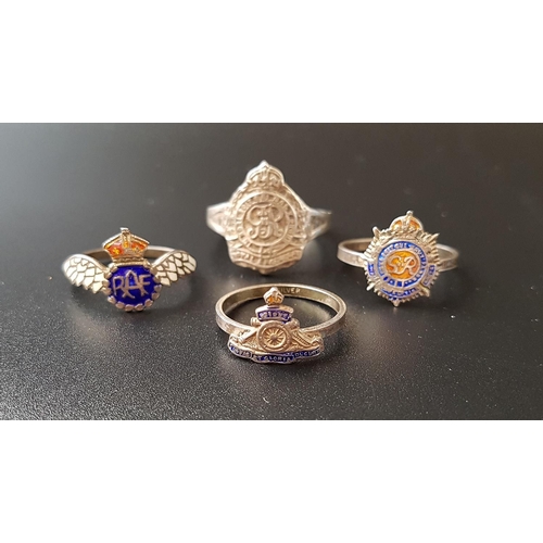 95 - FOUR SILVER SWEETHEART RINGS
comprising Royal Artillery, Royal Air Force, Royal Army Service Corps, ... 