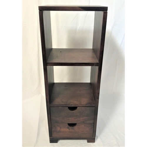 88 - DARK TEAK CABINET
with a plain square top above two open shelves with two drawers below, standing on... 