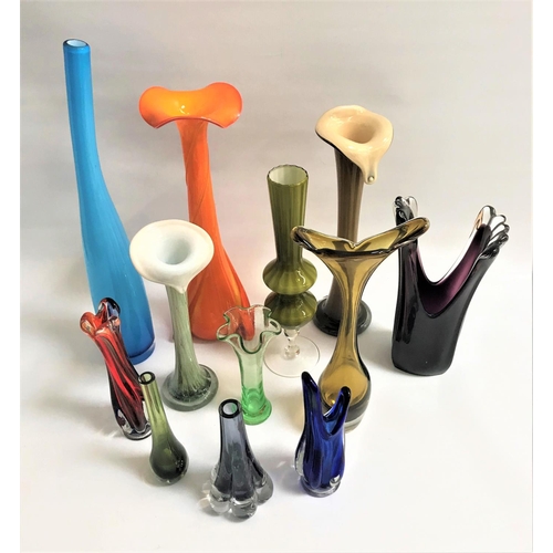 166 - TWELVE COLOURFUL GLASS VASES
of various sizes and designs, heights ranging from 49cm to 17.7cm