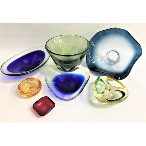 169 - SELECTION OF COLOURFUL GLASSWARE
including various blue and clear shaped bowls, a small amber colour... 