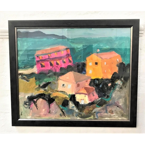 350 - SHEILA MACMILLAN DA PAI (SCOTTISH 1928-2018)
Coastal houses, oil on card, label to verso, framed and... 