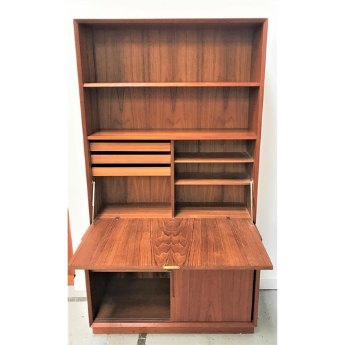 415 - DANISH TEAK COMBINATION BOOKCASE
with two shelves above a fall flap opening to reveal a fitted inter... 